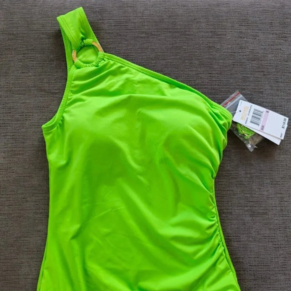 NWT Michael Kors Green One-Shoulder Gold Accent Ring One-lPiece Swimsuit Size 6